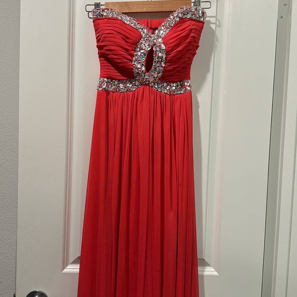 Long strapless jeweled dress